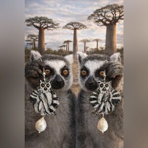 Hand painted Ringtail Lemur earrings w pearl necklace wildlife jewelry primates